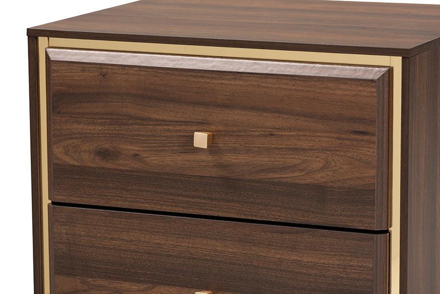Cormac Mid-Century Modern Transitional Walnut Brown Finished Wood and Gold Metal 2-Drawer Nightstand FredCo
