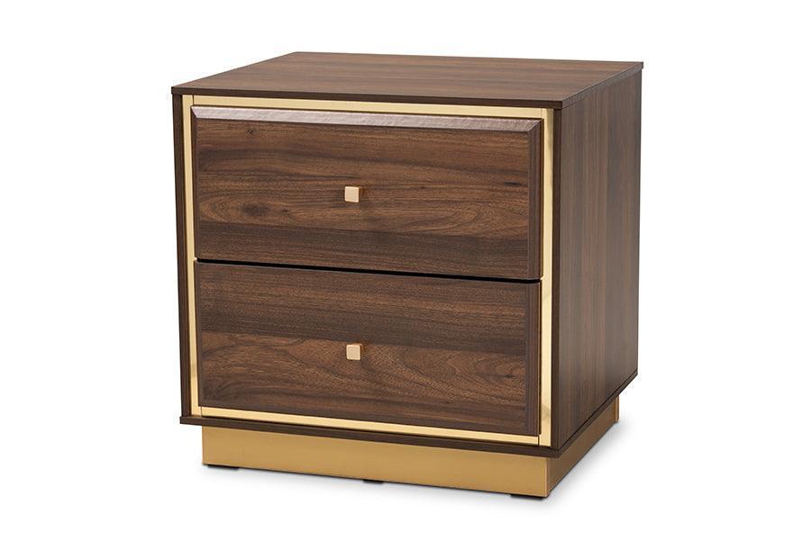 Cormac Mid-Century Modern Transitional Walnut Brown Finished Wood and Gold Metal 2-Drawer Nightstand FredCo