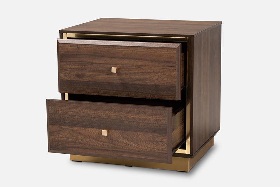 Cormac Mid-Century Modern Transitional Walnut Brown Finished Wood and Gold Metal 2-Drawer Nightstand FredCo