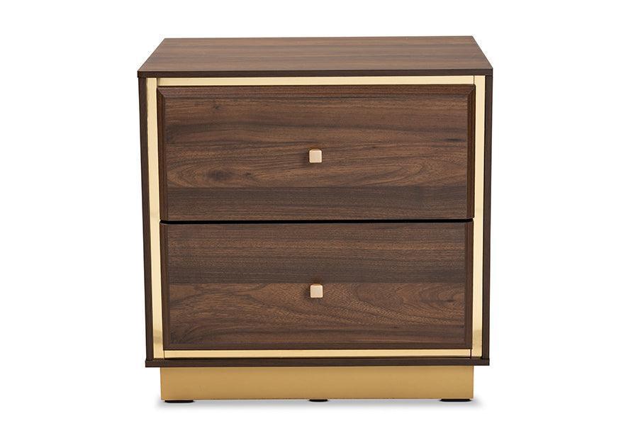 Cormac Mid-Century Modern Transitional Walnut Brown Finished Wood and Gold Metal 2-Drawer Nightstand FredCo