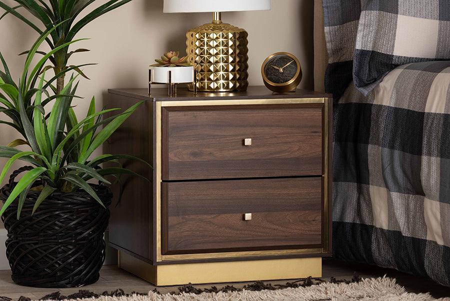 Cormac Mid-Century Modern Transitional Walnut Brown Finished Wood and Gold Metal 2-Drawer Nightstand FredCo