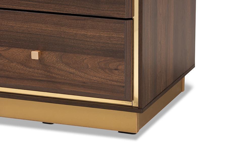 Cormac Mid-Century Modern Transitional Walnut Brown Finished Wood and Gold Metal 2-Drawer Nightstand FredCo