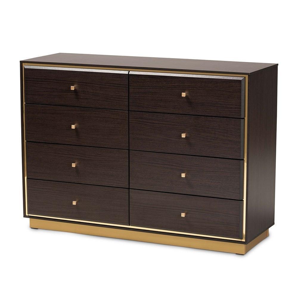 Cormac Modern and Contemporary Espresso Brown Finished Wood and Gold Metal 8-Drawer Dresser FredCo