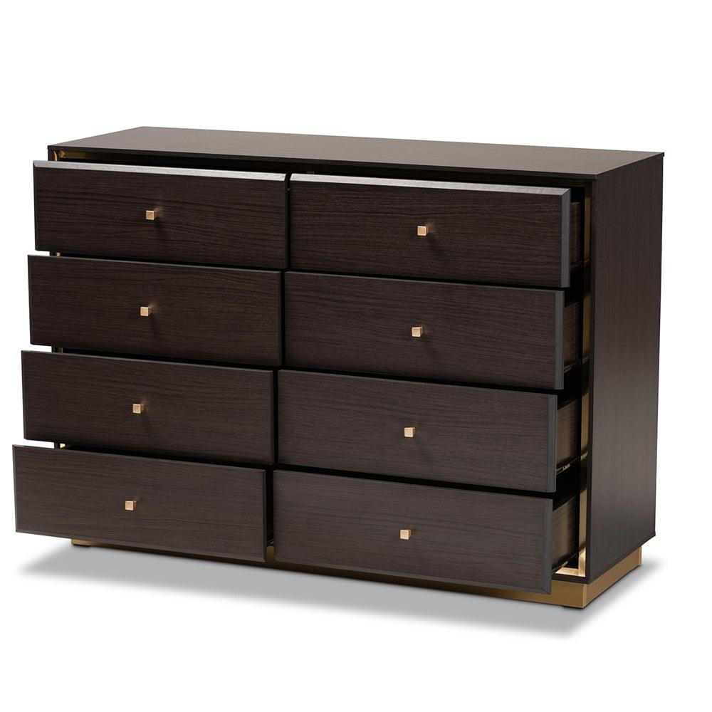 Cormac Modern and Contemporary Espresso Brown Finished Wood and Gold Metal 8-Drawer Dresser FredCo