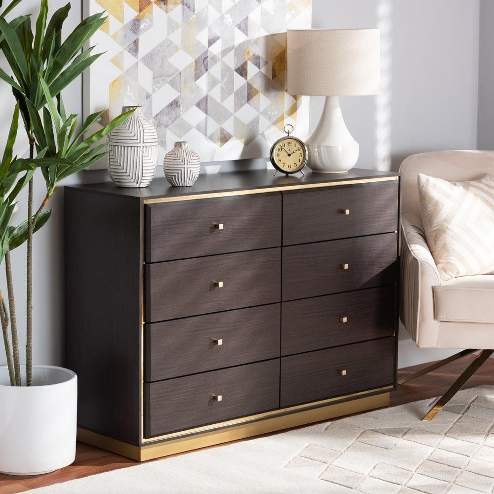 Cormac Modern and Contemporary Espresso Brown Finished Wood and Gold Metal 8-Drawer Dresser FredCo