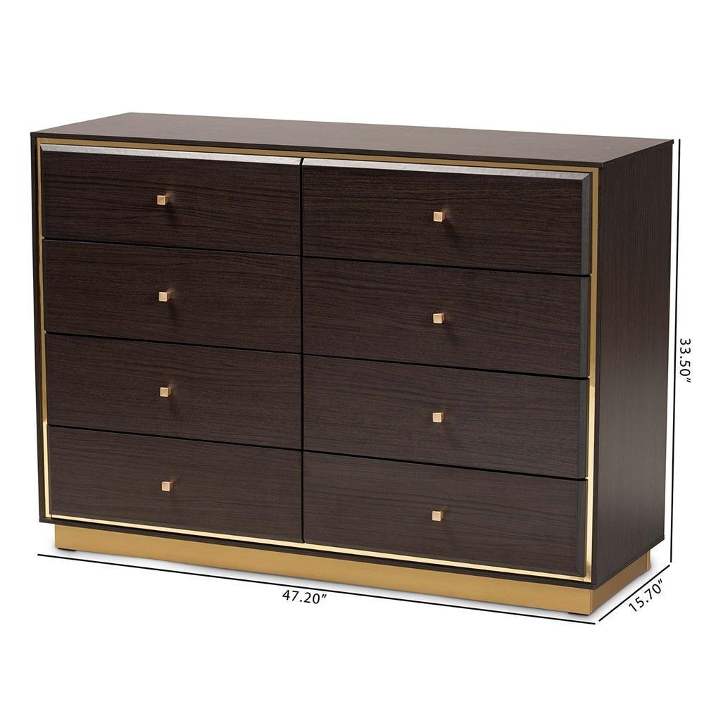 Cormac Modern and Contemporary Espresso Brown Finished Wood and Gold Metal 8-Drawer Dresser FredCo