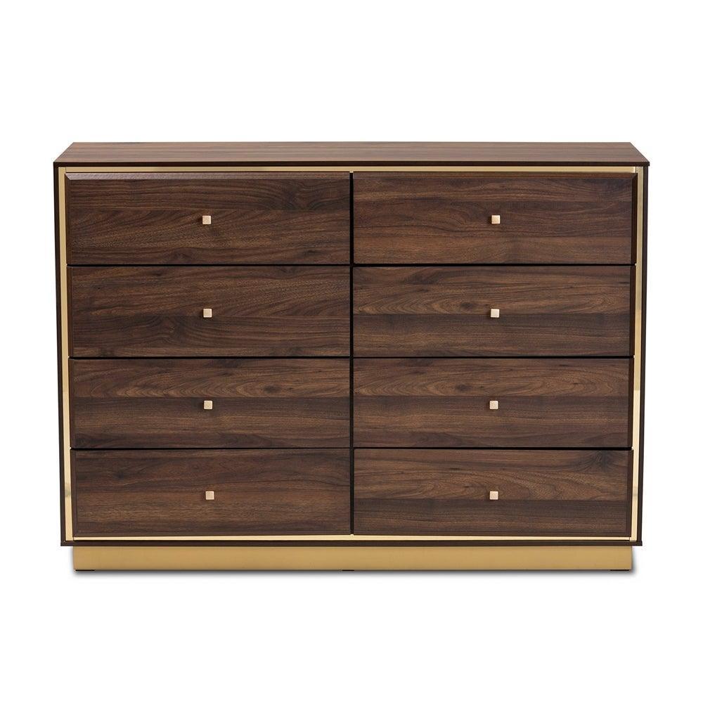 Cormac Modern and Contemporary Walnut Brown Finished Wood and Gold Metal 8-Drawer Dresser FredCo