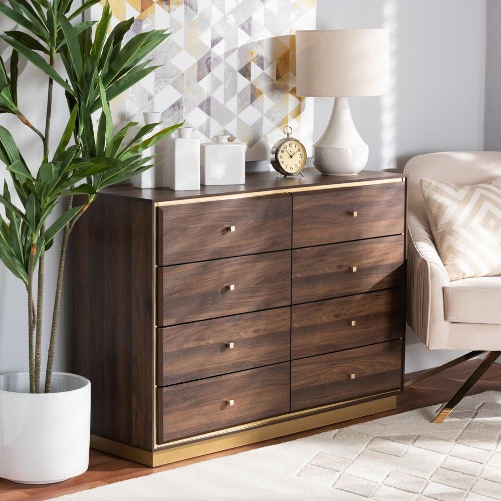 Cormac Modern and Contemporary Walnut Brown Finished Wood and Gold Metal 8-Drawer Dresser FredCo