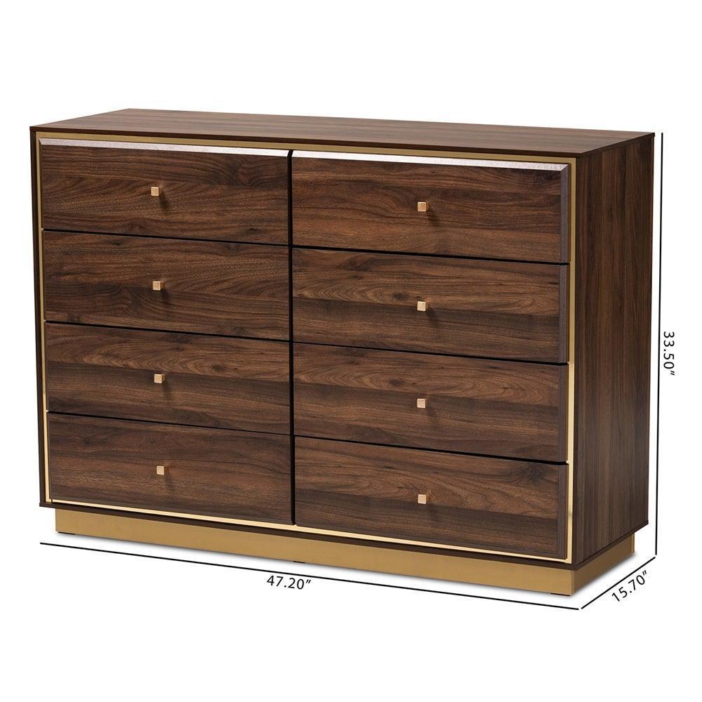 Cormac Modern and Contemporary Walnut Brown Finished Wood and Gold Metal 8-Drawer Dresser FredCo
