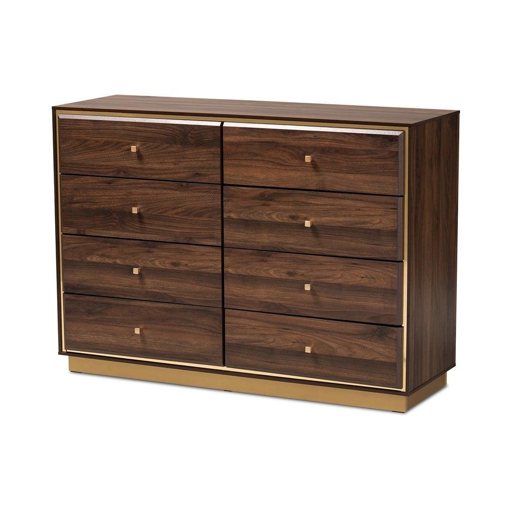 Cormac Modern and Contemporary Walnut Brown Finished Wood and Gold Metal 8-Drawer Dresser FredCo