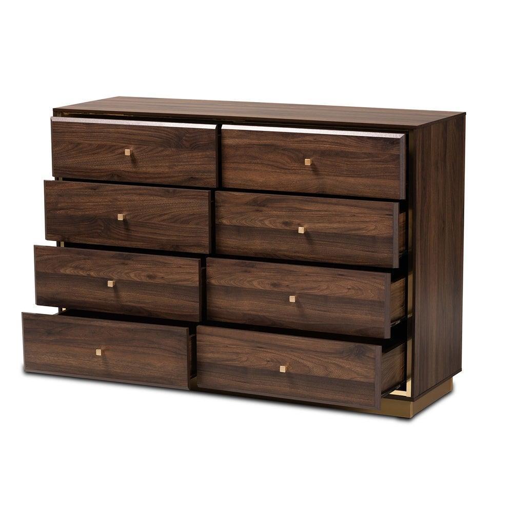Cormac Modern and Contemporary Walnut Brown Finished Wood and Gold Metal 8-Drawer Dresser FredCo