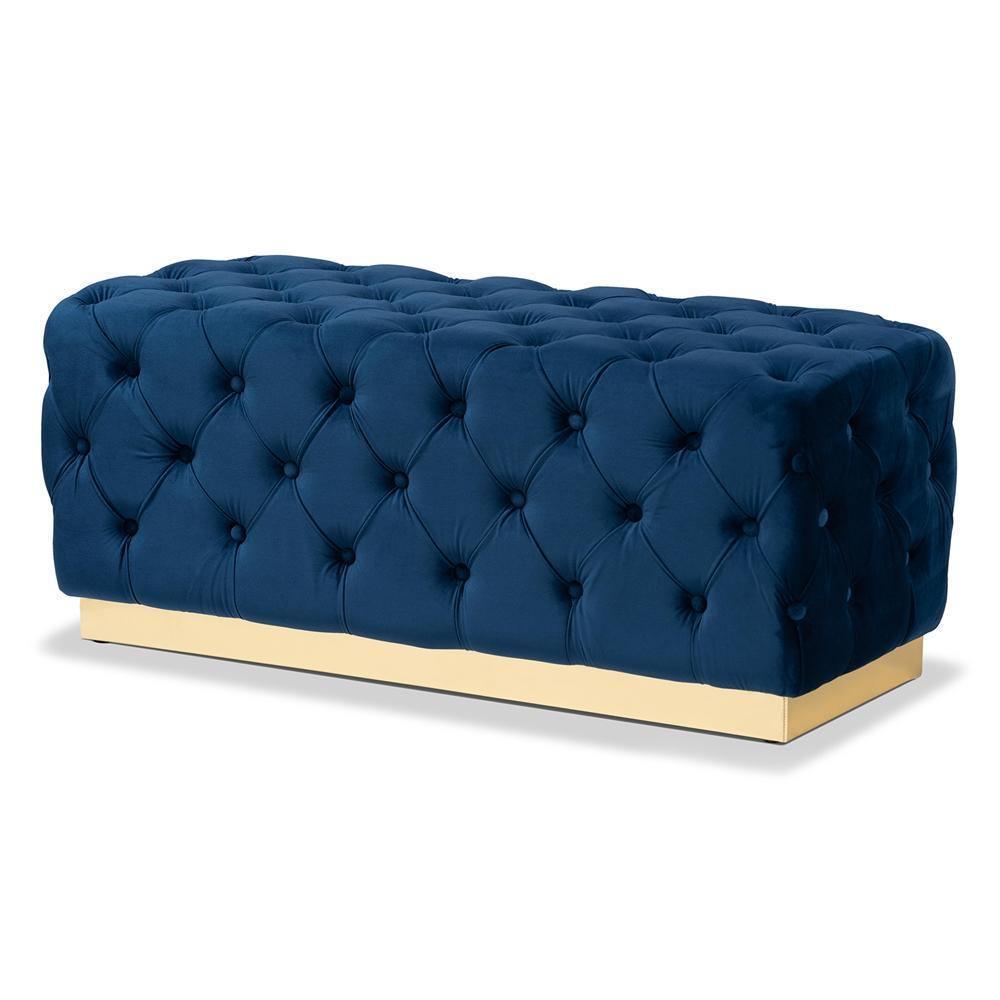 Corrine Glam and Luxe Navy Blue Velvet Fabric Upholstered and Gold PU Leather Ottoman FredCo