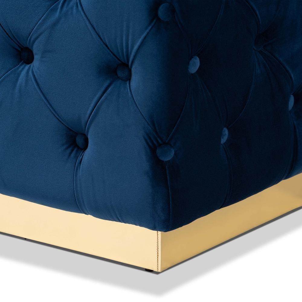 Corrine Glam and Luxe Navy Blue Velvet Fabric Upholstered and Gold PU Leather Ottoman FredCo