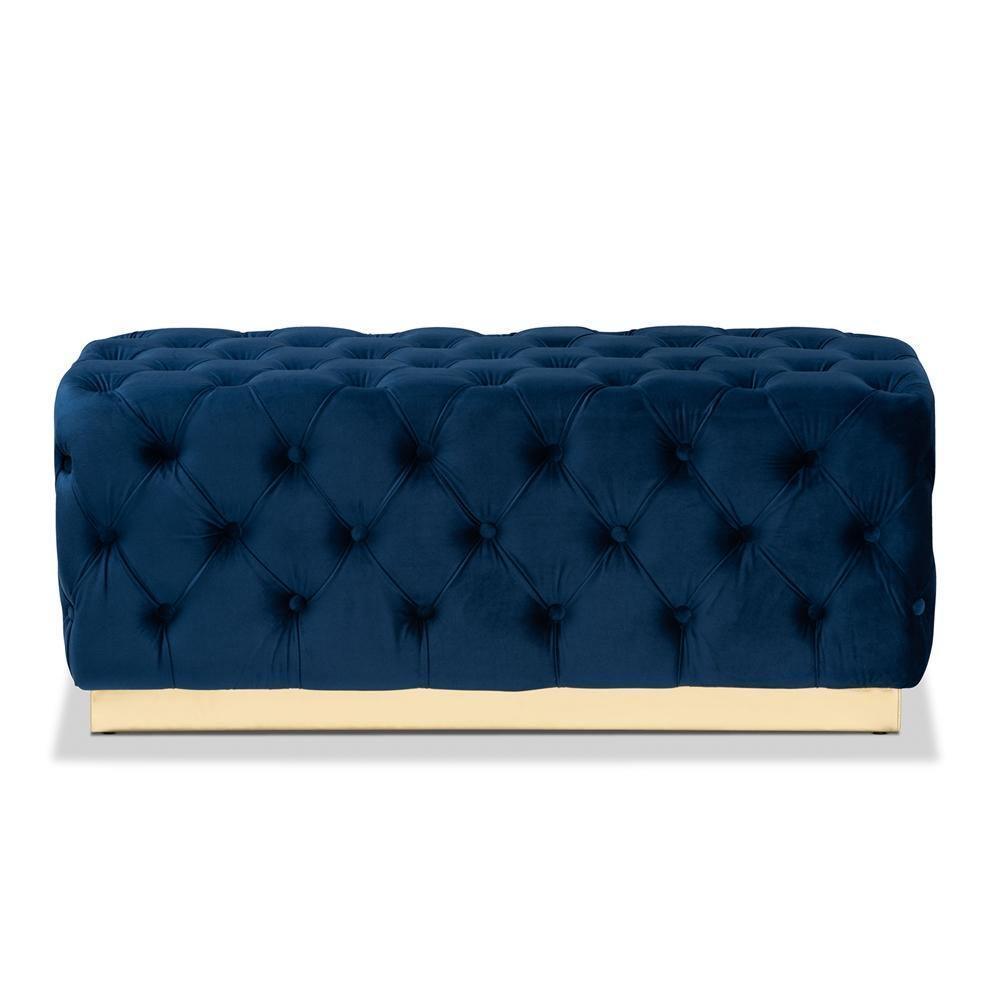 Corrine Glam and Luxe Navy Blue Velvet Fabric Upholstered and Gold PU Leather Ottoman FredCo