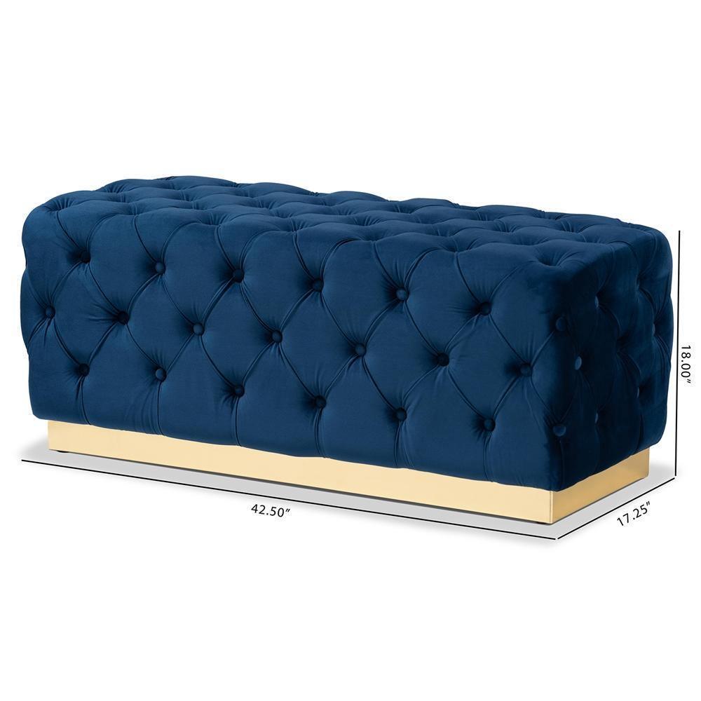 Corrine Glam and Luxe Navy Blue Velvet Fabric Upholstered and Gold PU Leather Ottoman FredCo