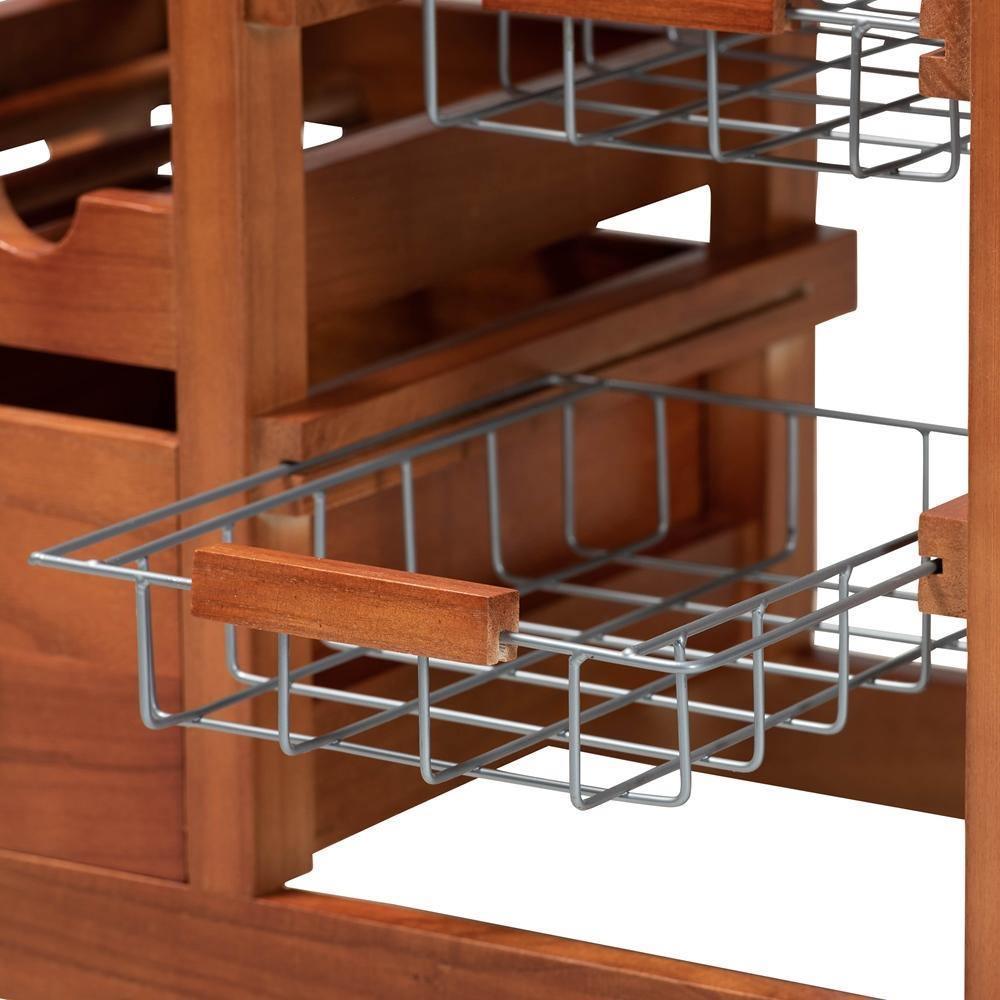 Crayton Modern and Contemporary Oak Brown Finished Wood and Silver-Tone Metal Mobile Kitchen Storage Cart FredCo