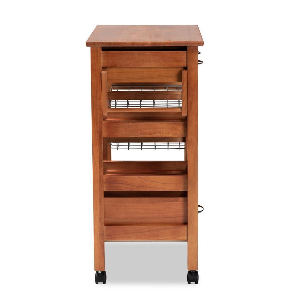 Crayton Modern and Contemporary Oak Brown Finished Wood and Silver-Tone Metal Mobile Kitchen Storage Cart FredCo