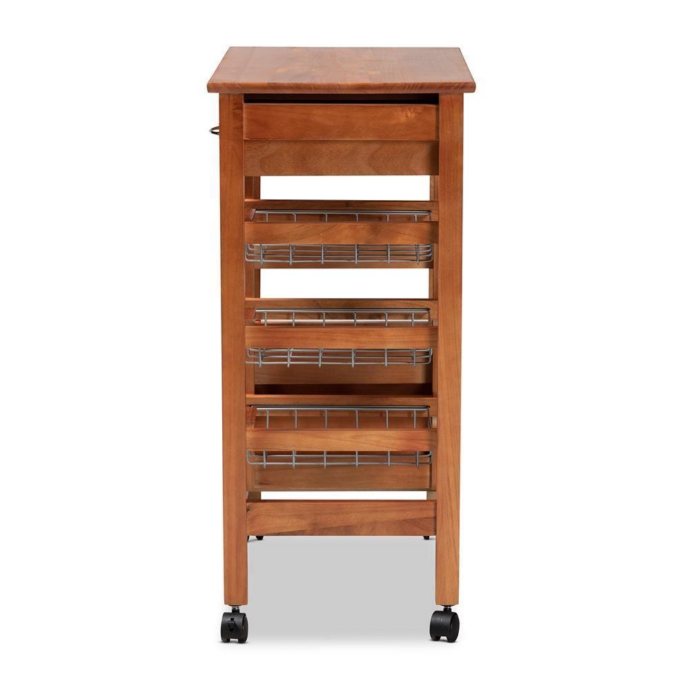 Crayton Modern and Contemporary Oak Brown Finished Wood and Silver-Tone Metal Mobile Kitchen Storage Cart FredCo