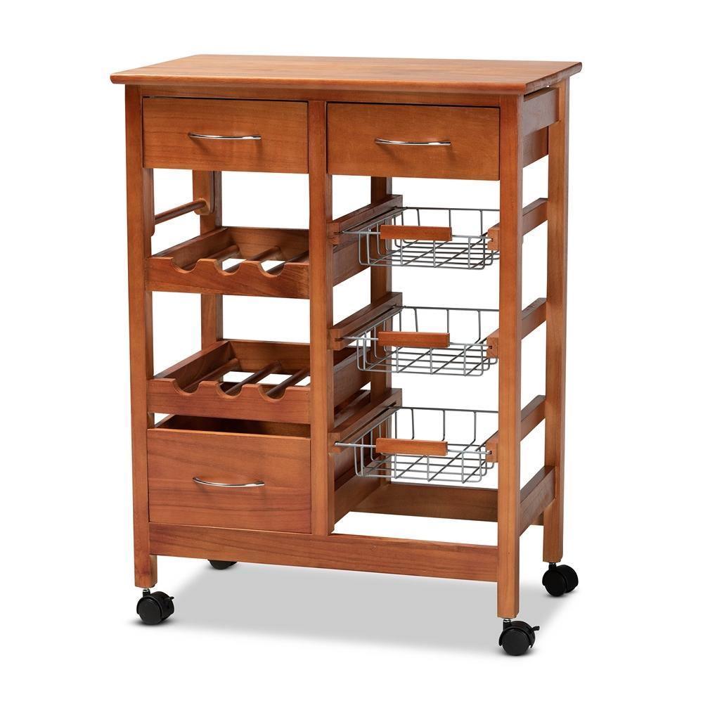 Crayton Modern and Contemporary Oak Brown Finished Wood and Silver-Tone Metal Mobile Kitchen Storage Cart FredCo