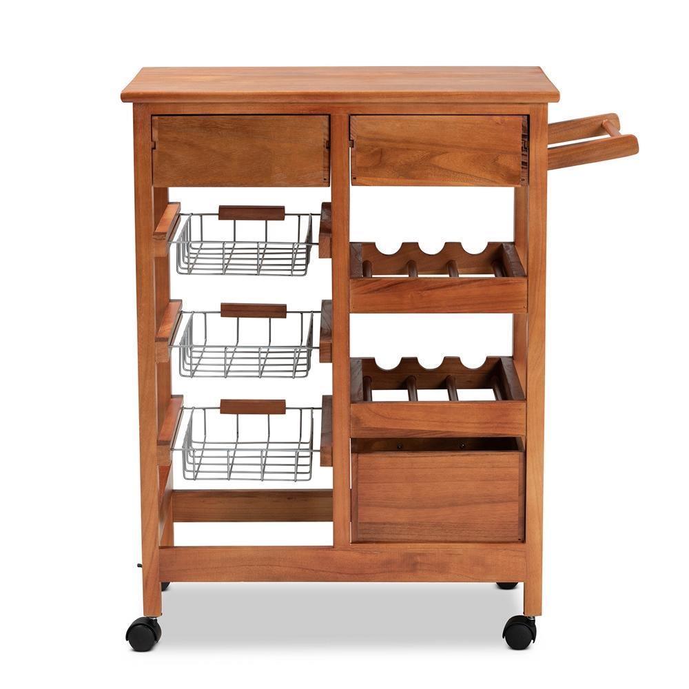 Crayton Modern and Contemporary Oak Brown Finished Wood and Silver-Tone Metal Mobile Kitchen Storage Cart FredCo