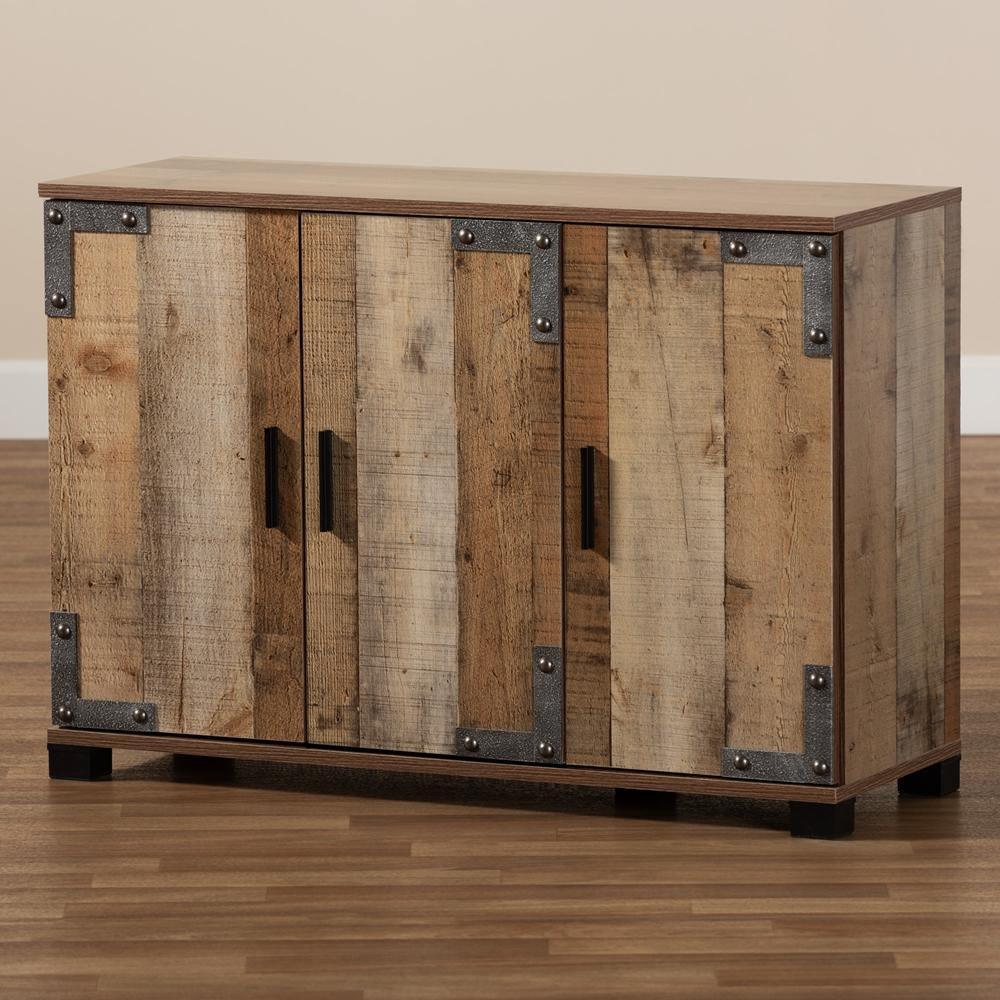 Cyrille Modern and Contemporary Farmhouse Rustic Finished Wood 3-Door Shoe Cabinet FredCo