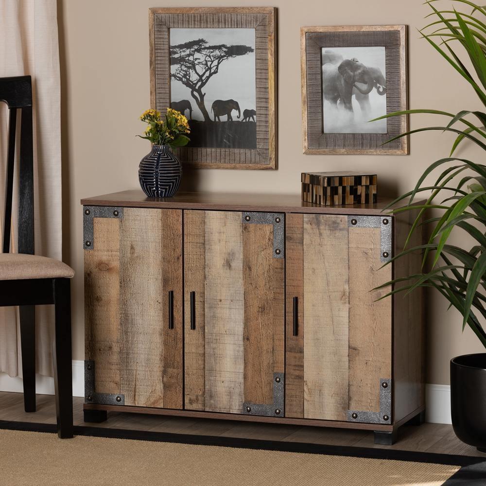 Cyrille Modern and Contemporary Farmhouse Rustic Finished Wood 3-Door Shoe Cabinet FredCo