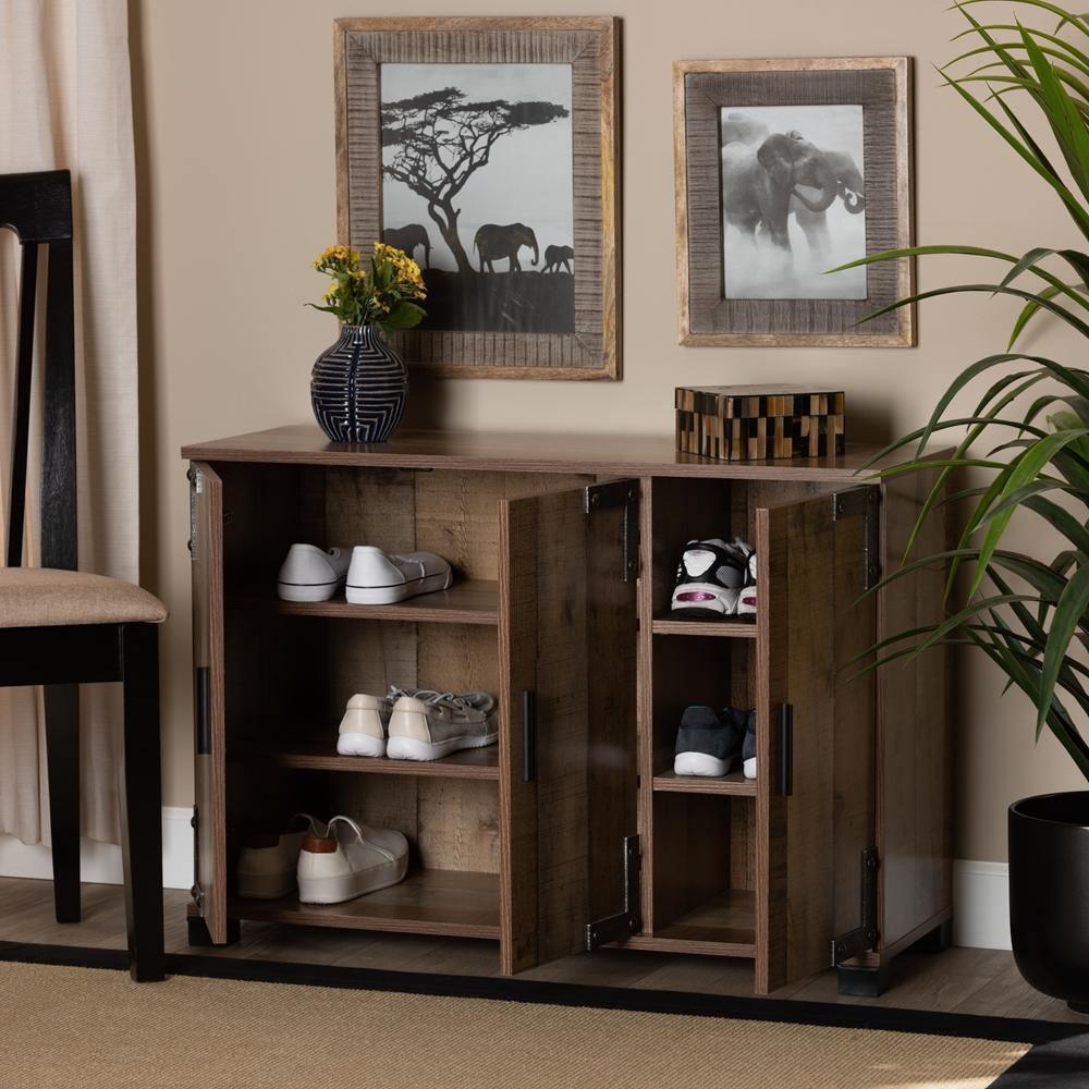 Cyrille Modern and Contemporary Farmhouse Rustic Finished Wood 3-Door Shoe Cabinet FredCo