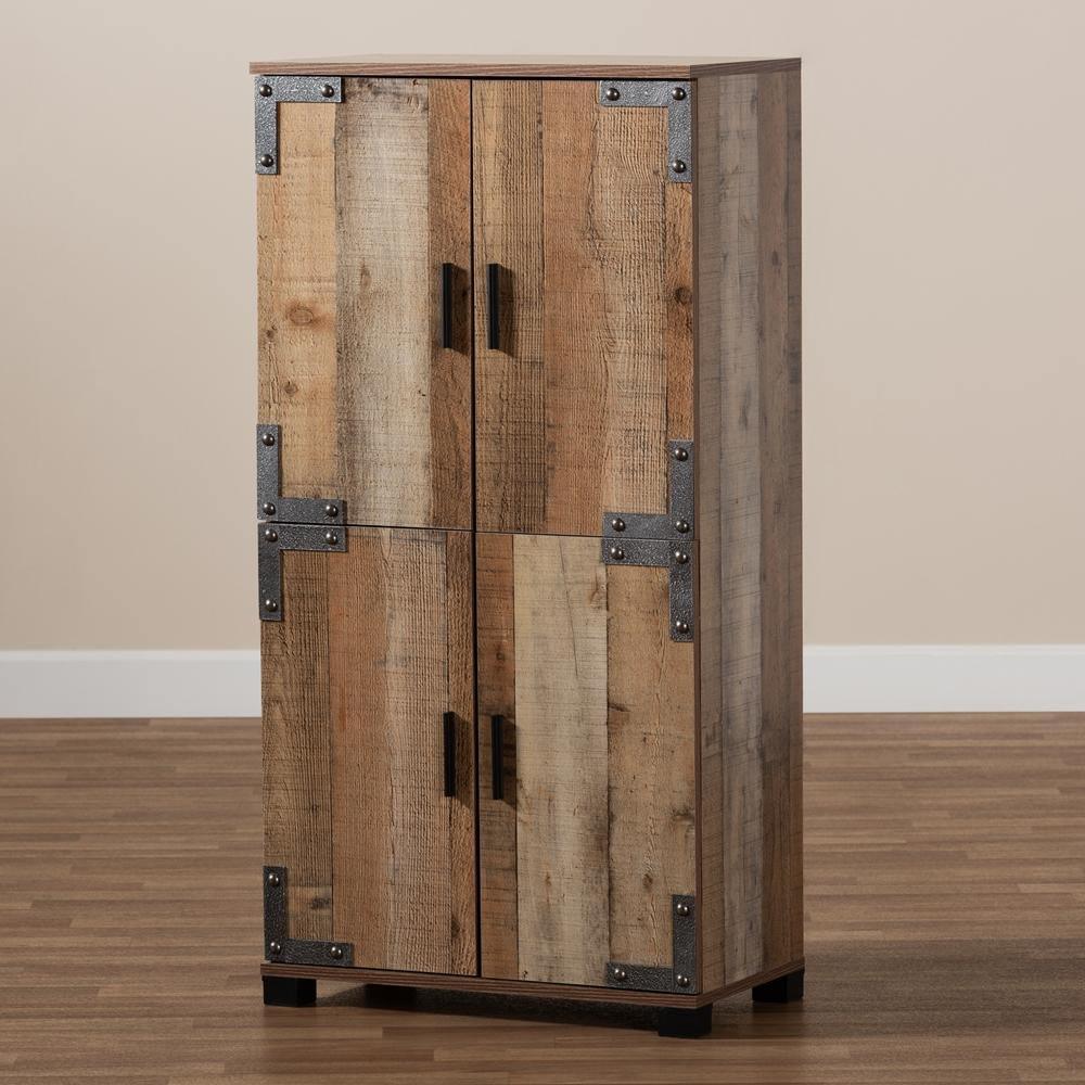 Cyrille Modern and Contemporary Farmhouse Rustic Finished Wood 4-Door Shoe Cabinet FredCo