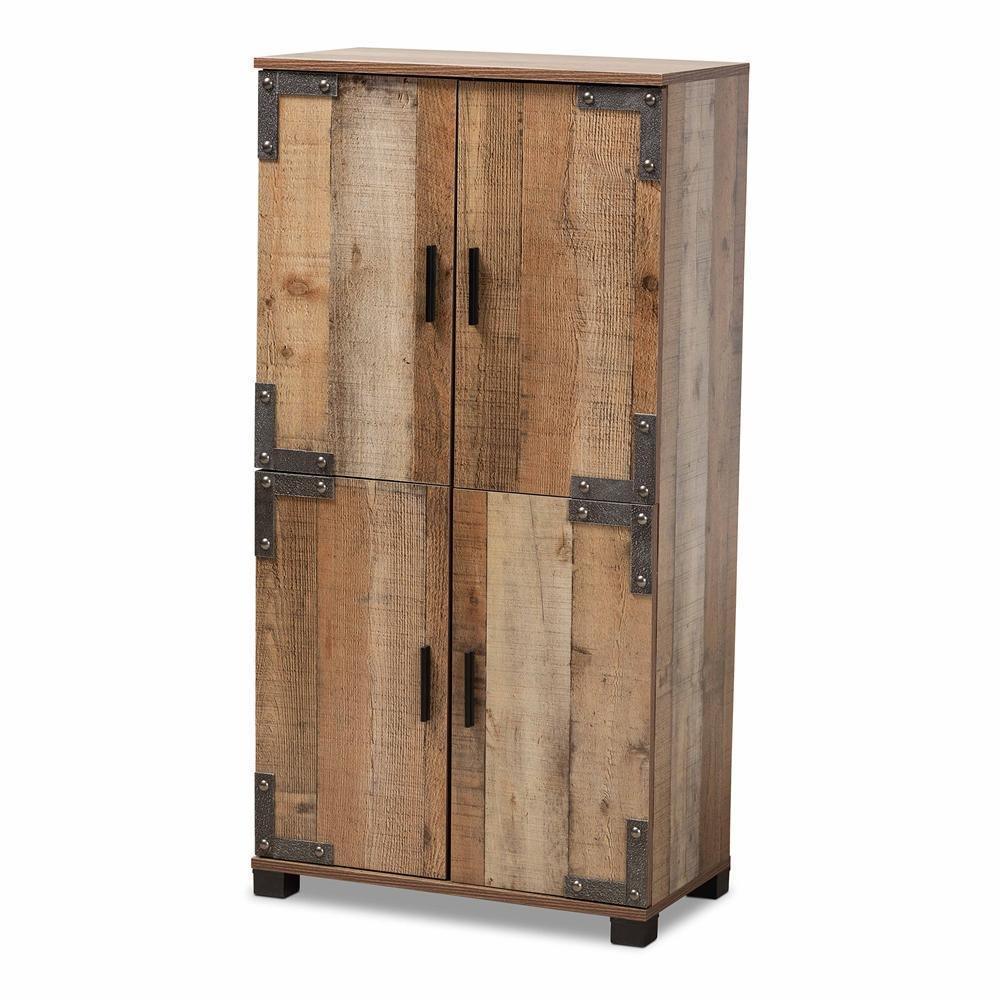 Cyrille Modern and Contemporary Farmhouse Rustic Finished Wood 4-Door Shoe Cabinet FredCo