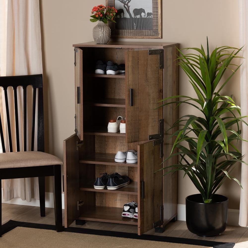 Cyrille Modern and Contemporary Farmhouse Rustic Finished Wood 4-Door Shoe Cabinet FredCo