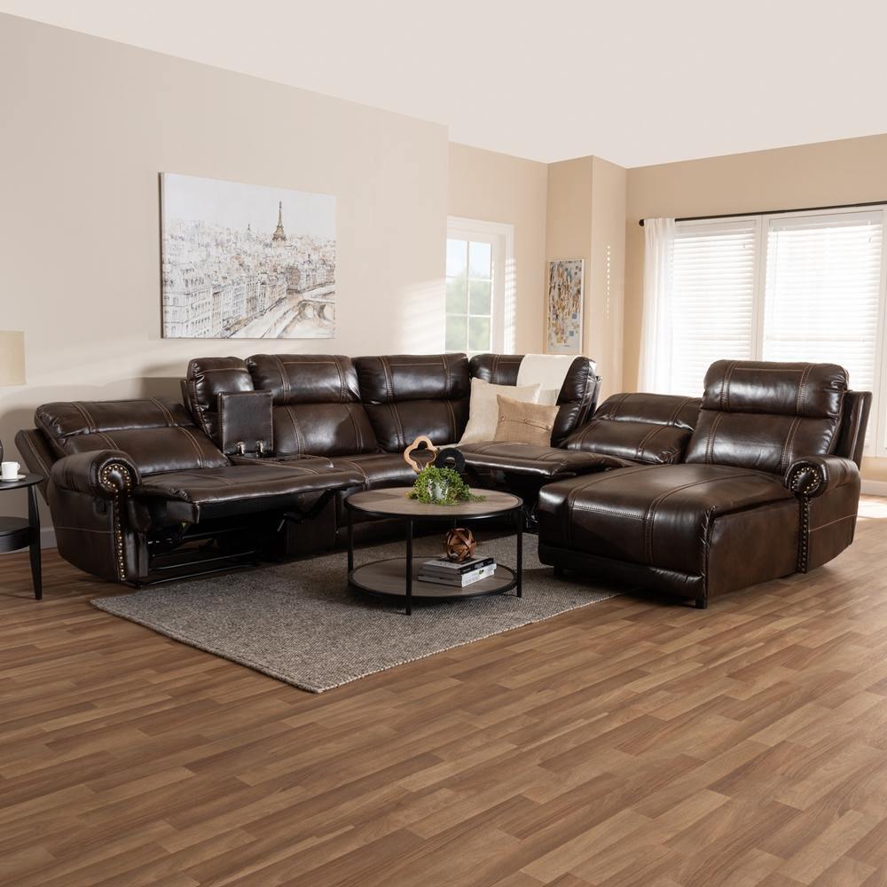 Dacio Modern and Contemporary Brown Faux Leather Upholstered 6-Piece Sectional Recliner Sofa with 2 Reclining Seats FredCo