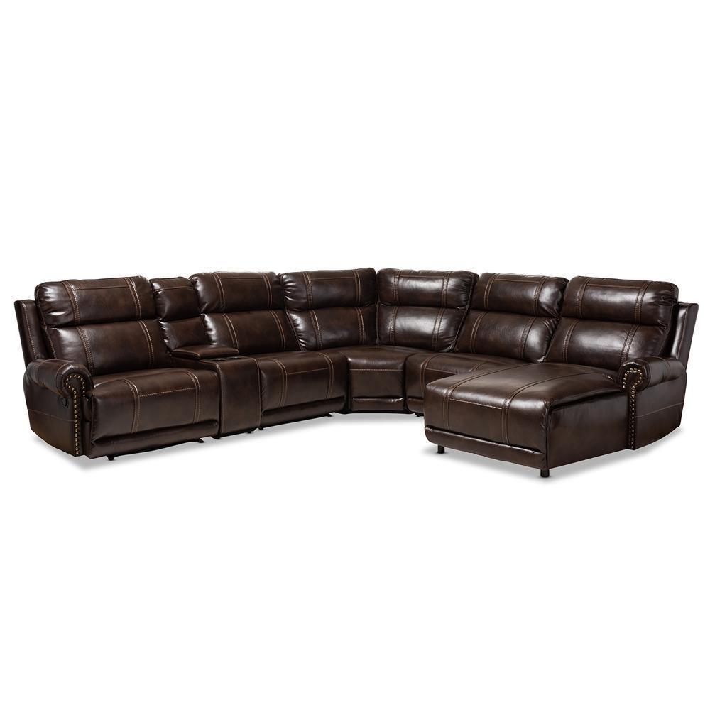 Dacio Modern and Contemporary Brown Faux Leather Upholstered 6-Piece Sectional Recliner Sofa with 2 Reclining Seats FredCo