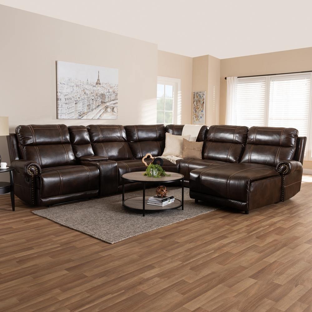 Dacio Modern and Contemporary Brown Faux Leather Upholstered 6-Piece Sectional Recliner Sofa with 2 Reclining Seats FredCo