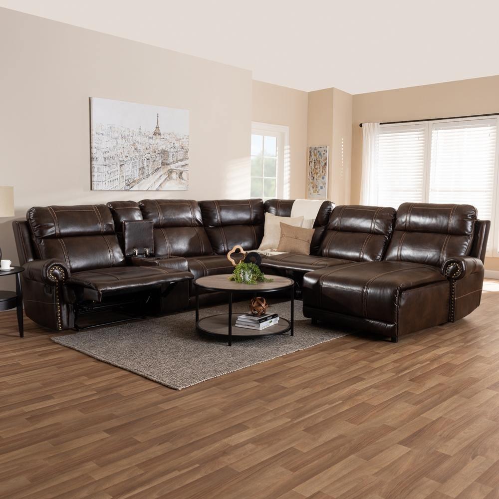 Dacio Modern and Contemporary Brown Faux Leather Upholstered 6-Piece Sectional Recliner Sofa with 2 Reclining Seats FredCo