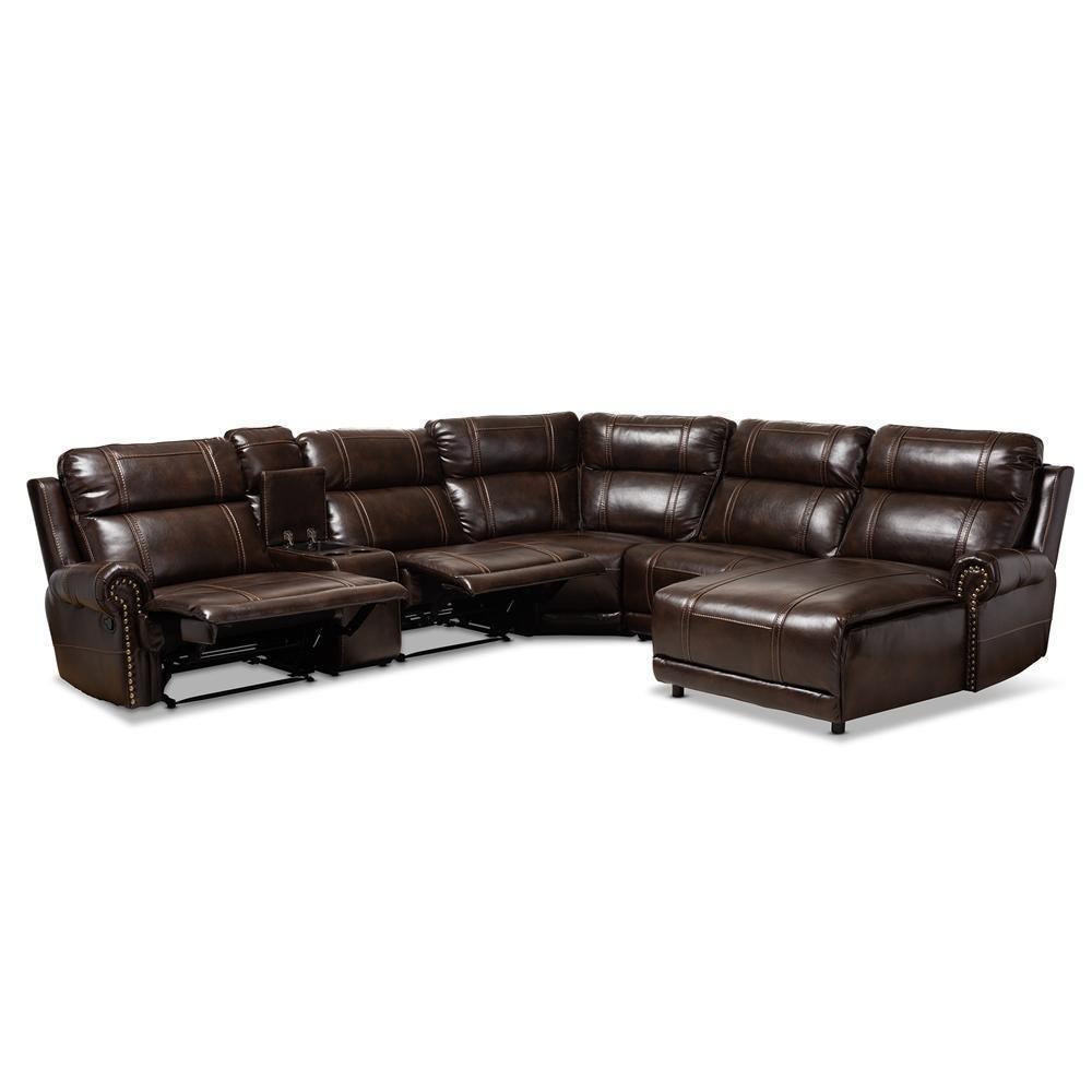 Dacio Modern and Contemporary Brown Faux Leather Upholstered 6-Piece Sectional Recliner Sofa with 2 Reclining Seats FredCo