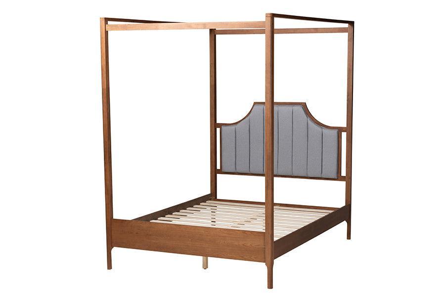Dakota Classic and Traditional Light Grey Fabric and Ash Walnut Finished Wood Queen Size Platform Canopy Bed FredCo