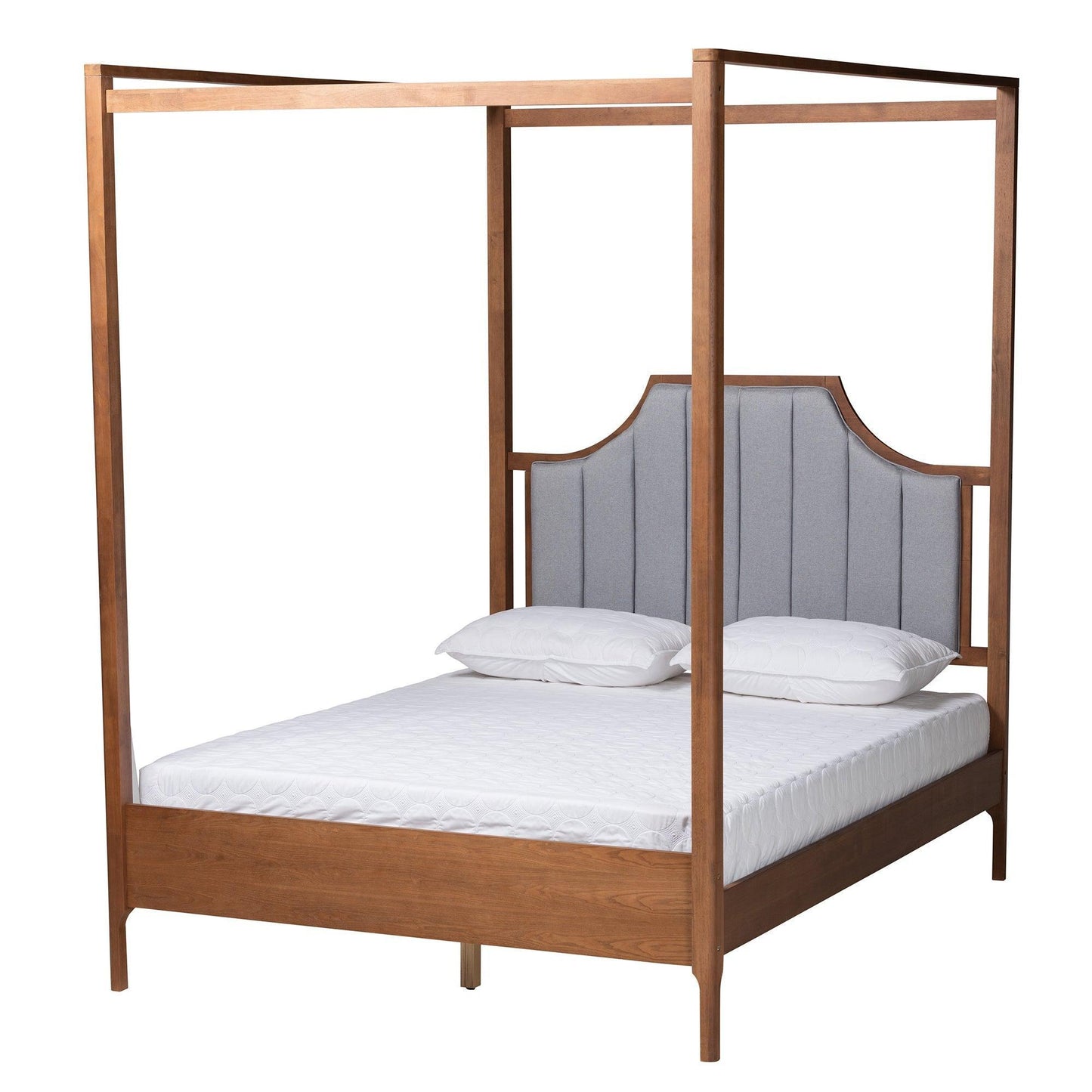 Dakota Classic and Traditional Light Grey Fabric and Ash Walnut Finished Wood Queen Size Platform Canopy Bed FredCo