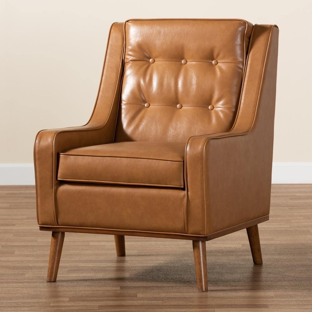 Daley Modern and Contemporary Tan Faux Leather Upholstered and Walnut Brown Finished Wood Lounge Armchair FredCo