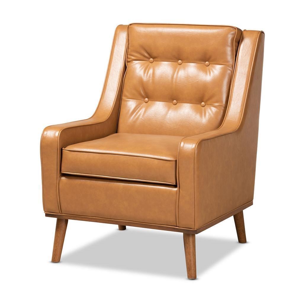 Daley Modern and Contemporary Tan Faux Leather Upholstered and Walnut Brown Finished Wood Lounge Armchair FredCo