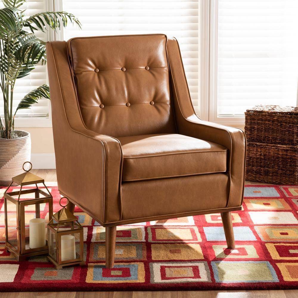 Daley Modern and Contemporary Tan Faux Leather Upholstered and Walnut Brown Finished Wood Lounge Armchair FredCo