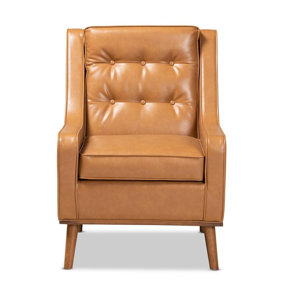 Daley Modern and Contemporary Tan Faux Leather Upholstered and Walnut Brown Finished Wood Lounge Armchair FredCo