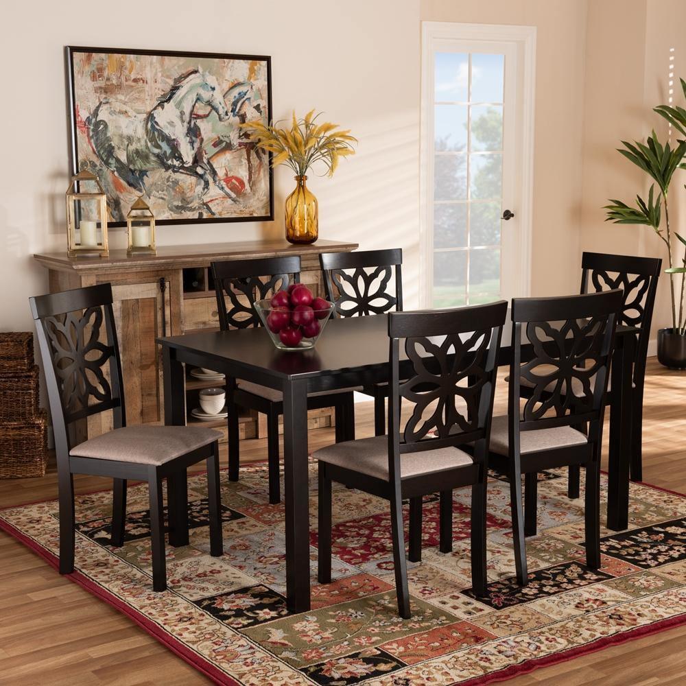 Dallas Modern and Contemporary Sand Fabric Upholstered and Dark Brown Finished Wood 7-Piece Dining Set FredCo