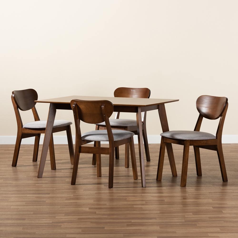 Damara Mid-Century Modern Grey Fabric Upholstered and Walnut Brown Finished Wood 5-Piece Dining Set FredCo