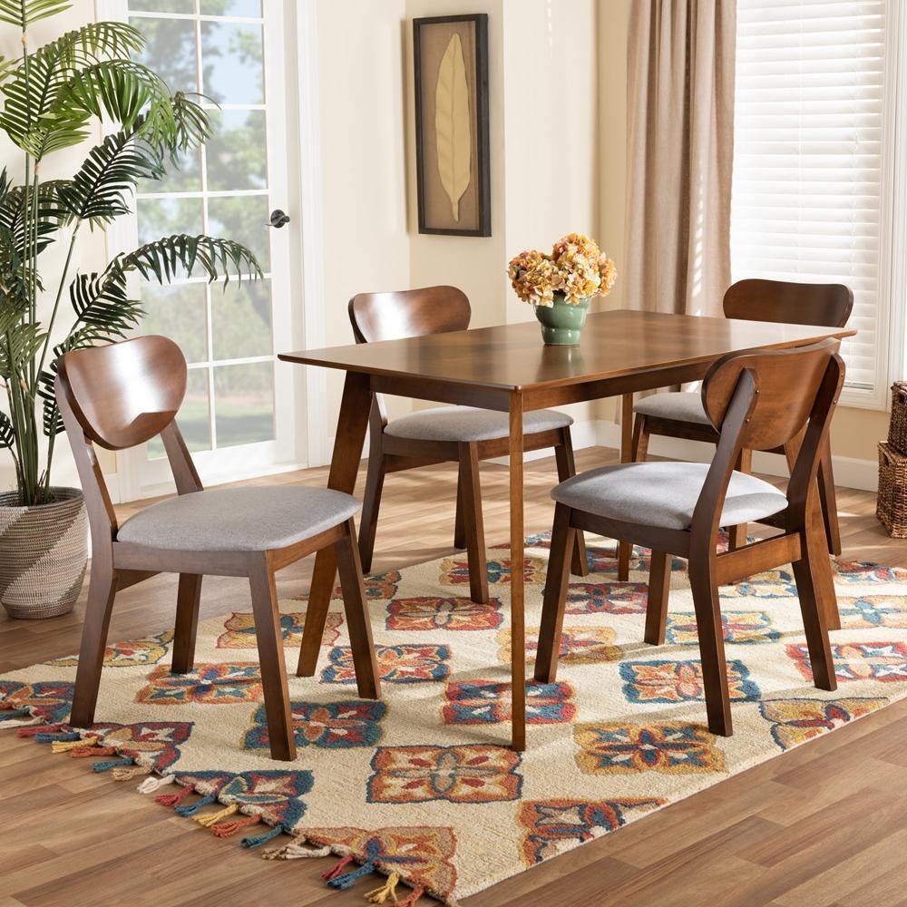 Damara Mid-Century Modern Grey Fabric Upholstered and Walnut Brown Finished Wood 5-Piece Dining Set FredCo