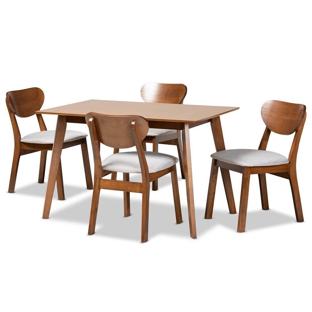 Damara Mid-Century Modern Grey Fabric Upholstered and Walnut Brown Finished Wood 5-Piece Dining Set FredCo