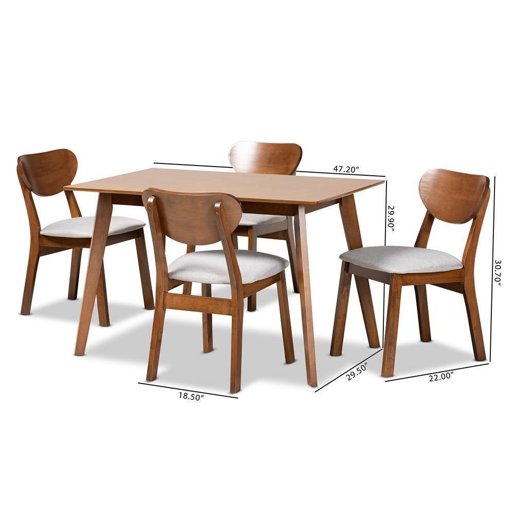 Damara Mid-Century Modern Grey Fabric Upholstered and Walnut Brown Finished Wood 5-Piece Dining Set FredCo