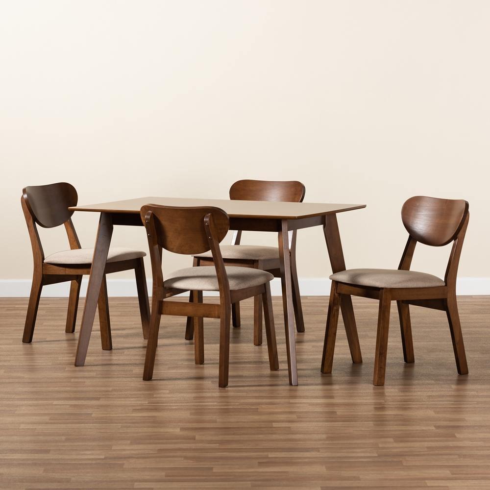 Damara Mid-Century Modern Sand Fabric Upholstered and Walnut Brown Finished Wood 5-Piece Dining Set FredCo