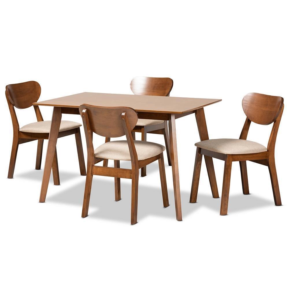 Damara Mid-Century Modern Sand Fabric Upholstered and Walnut Brown Finished Wood 5-Piece Dining Set FredCo