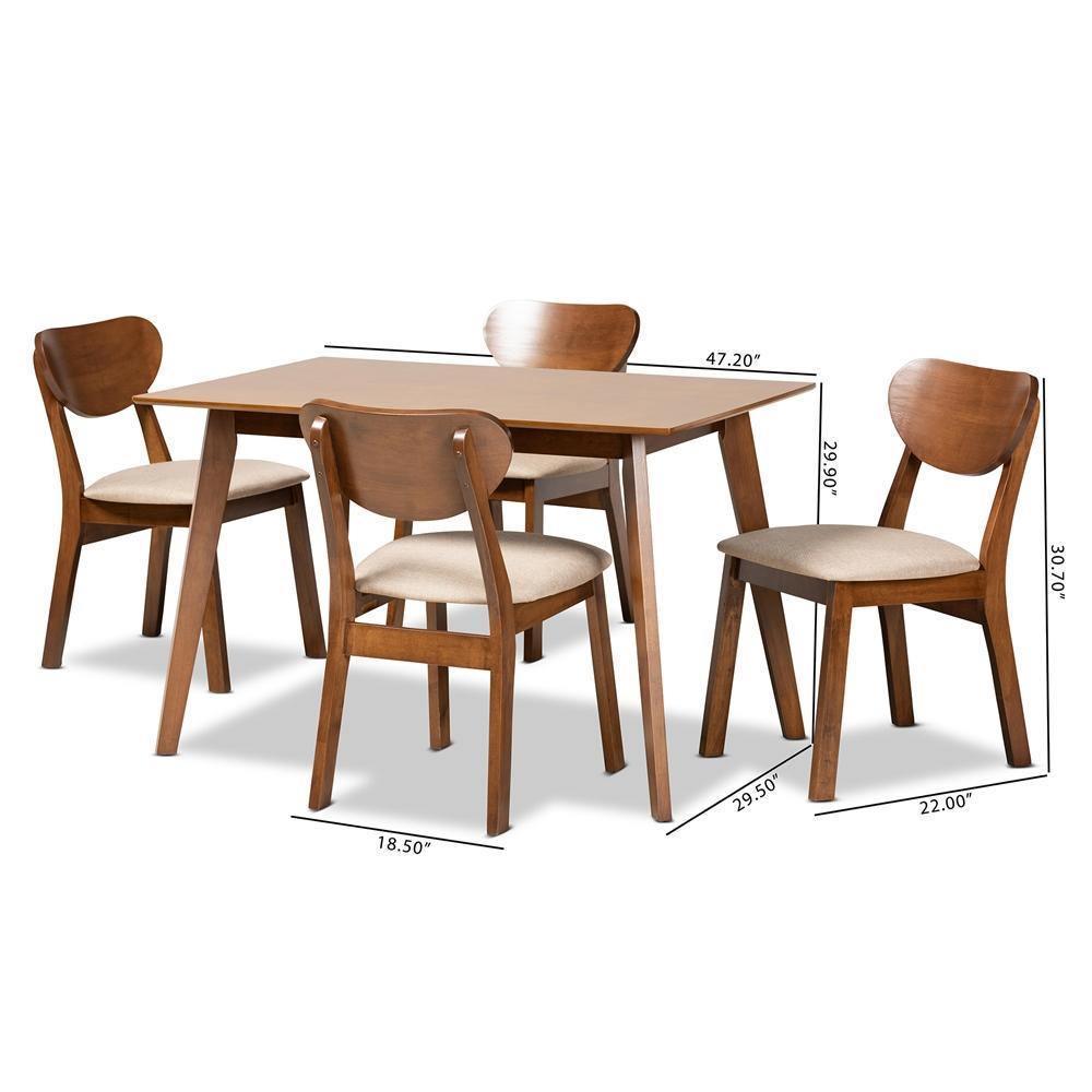 Damara Mid-Century Modern Sand Fabric Upholstered and Walnut Brown Finished Wood 5-Piece Dining Set FredCo