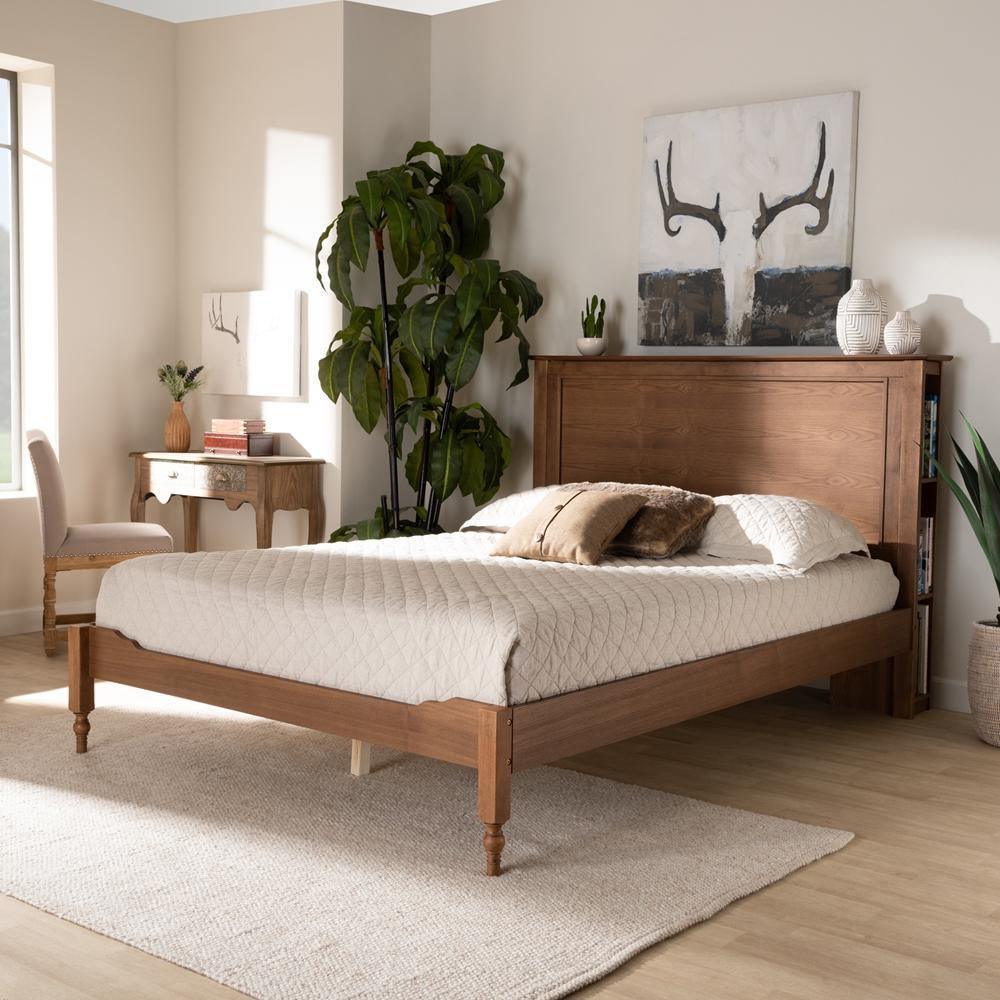 Danielle Traditional and Transitional Rustic Ash Walnut Brown Finished Wood Full Size Platform Storage Bed with Built-In Shelves FredCo